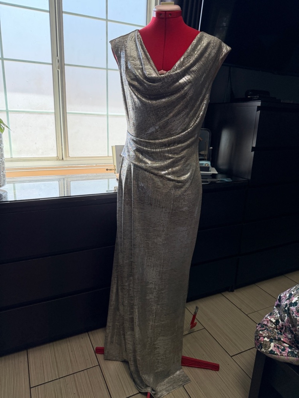 connected apparel Metallic Silver Cowl-Neck Maxi Dress
